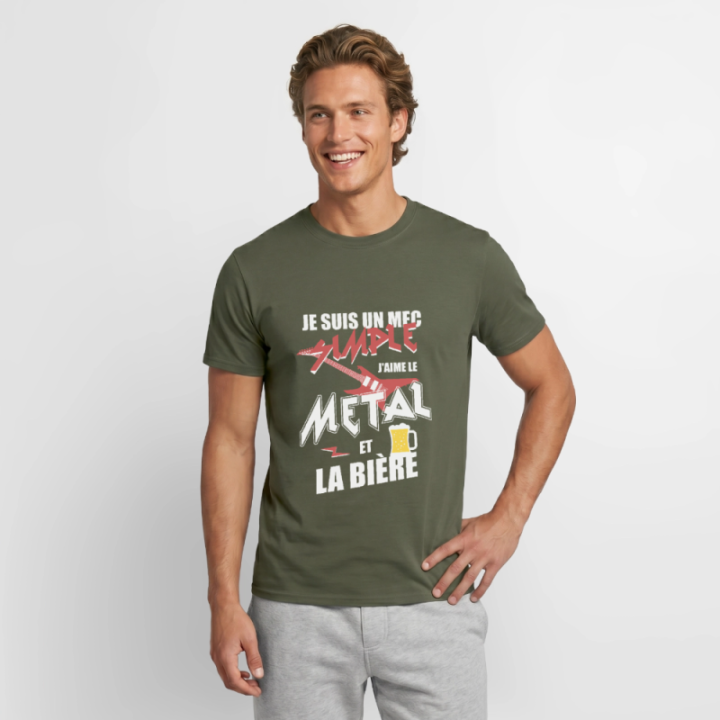 T-shirt homme - Un mec simple: Métal et bière - vert militaire - front