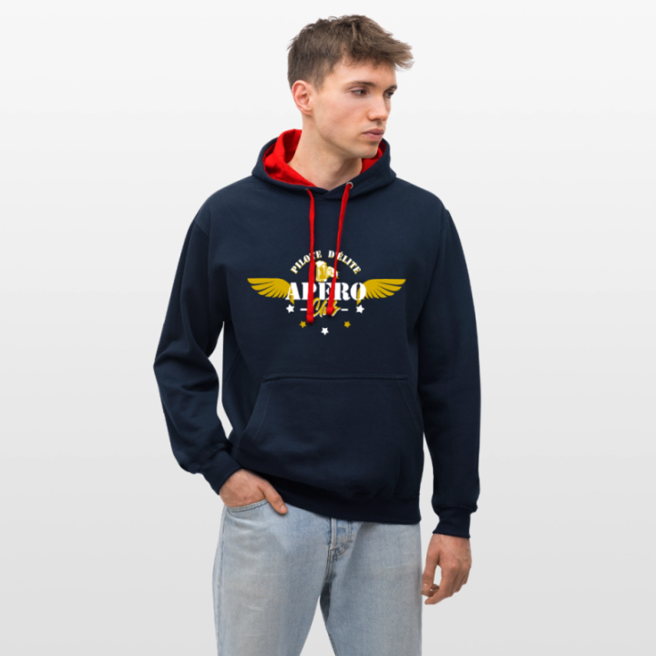 Sweat-shirt à capuche contrasté unisexe - Apéro club - bleu marine/rouge - front