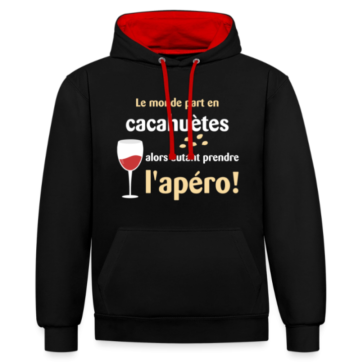 Sweat-shirt à capuche contrasté unisexe - Le monde part en cacahuètes - noir/rouge - front