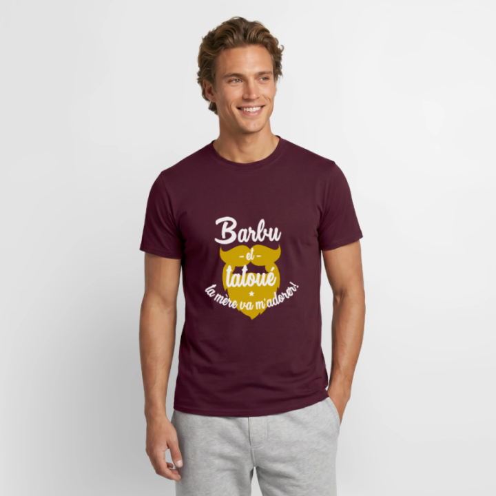 T-shirt homme - Barbu et tatoué: Ta mère va m'adorer - rouge brique - front