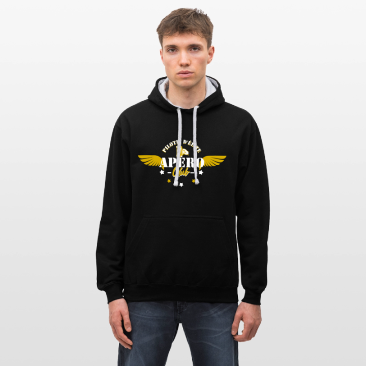 Sweat-shirt à capuche contrasté unisexe - Apéro club - noir/gris chiné - front