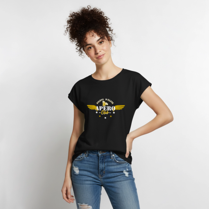 T-shirt à manches retroussées femme - Apéro club - noir - front