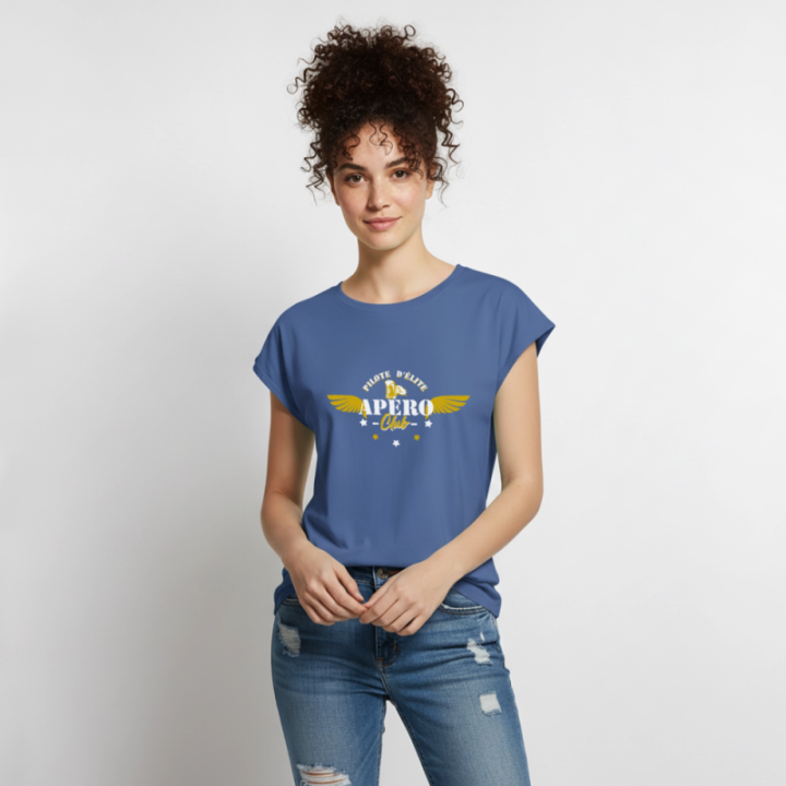 T-shirt à manches retroussées femme - Apéro club - bleu pigeon - front