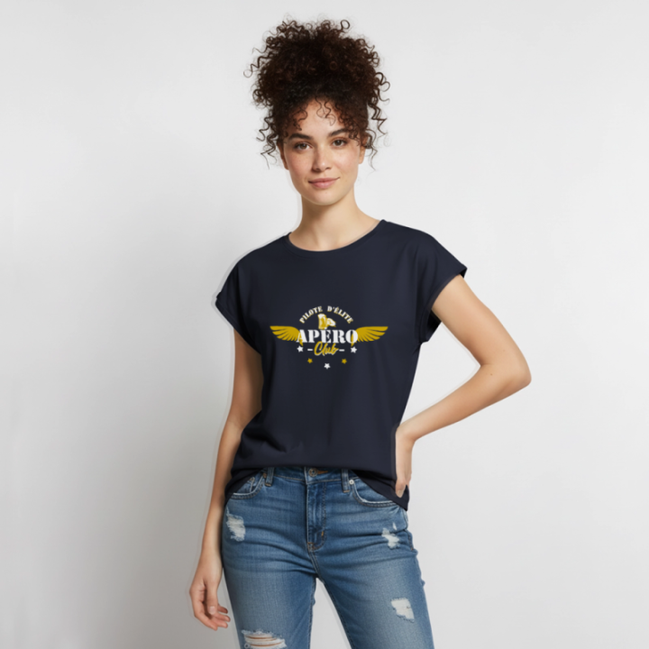 T-shirt à manches retroussées femme - Apéro club - bleu marine - front