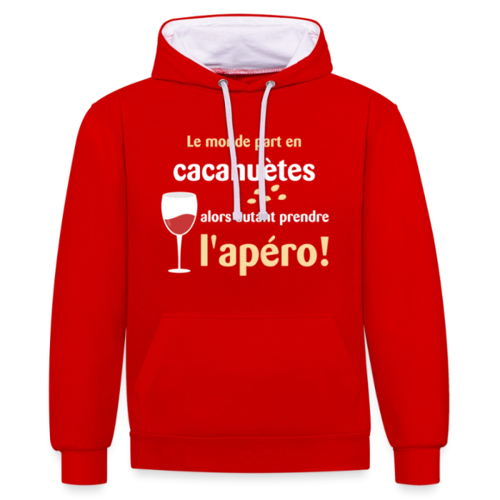 Sweat-shirt à capuche contrasté unisexe - Le monde part en cacahuètes - rouge/blanc - front