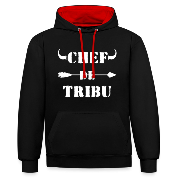 Sweat-shirt à capuche contrasté unisexe - Chef de tribu - noir/rouge - front