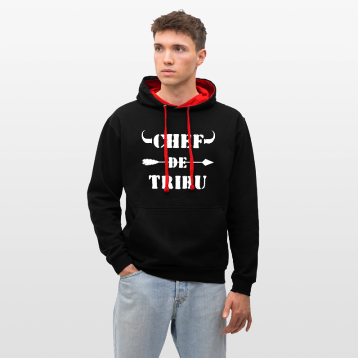 Sweat-shirt à capuche contrasté unisexe - Chef de tribu - noir/rouge - front