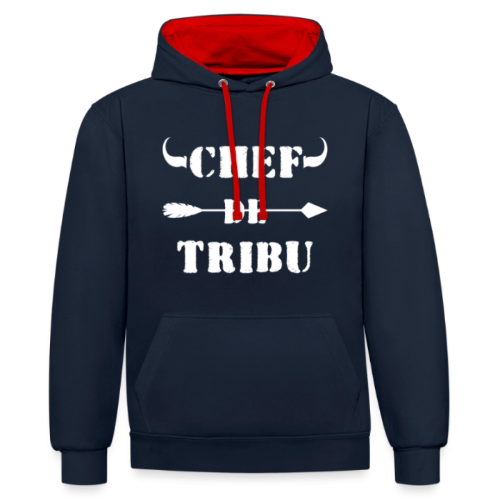 Sweat-shirt à capuche contrasté unisexe - Chef de tribu - bleu marine/rouge - front