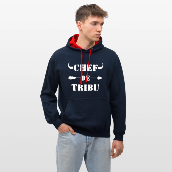 Sweat-shirt à capuche contrasté unisexe - Chef de tribu - bleu marine/rouge - front
