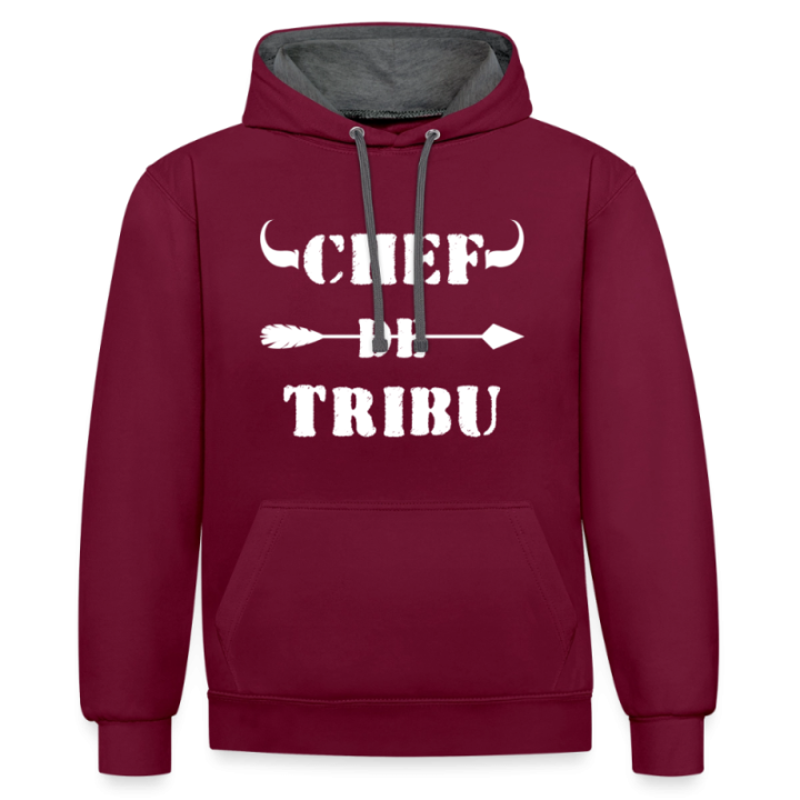 Sweat-shirt à capuche contrasté unisexe - Chef de tribu - bordeaux/anthracite - front
