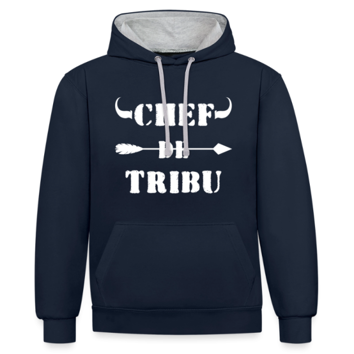 Sweat-shirt à capuche contrasté unisexe - Chef de tribu - bleu marine/gris chiné - front