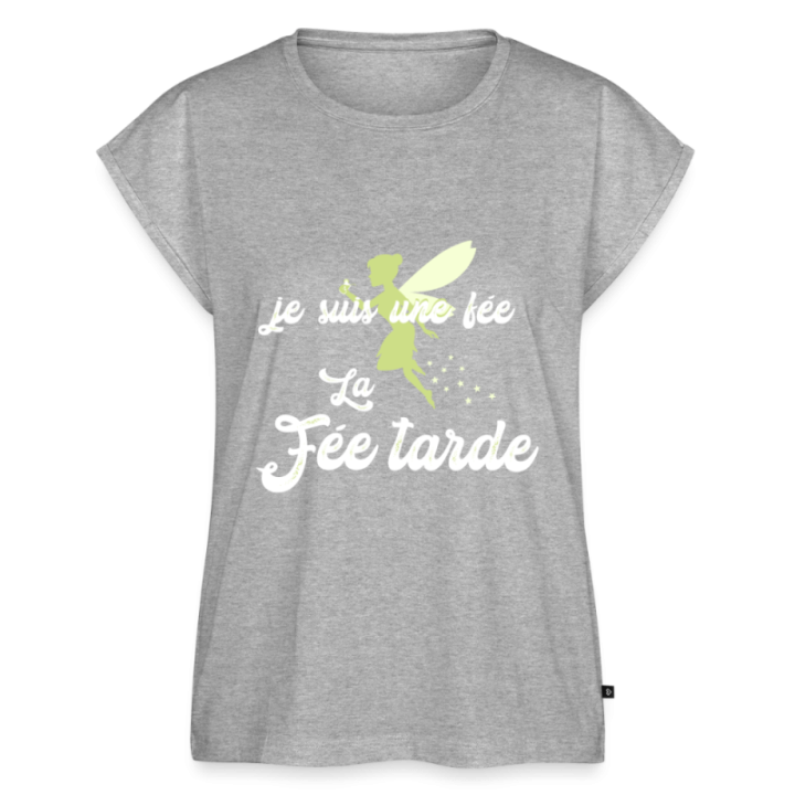 T-shirt à manches retroussées femme - Je suis la fée Tarde - gris chiné - front