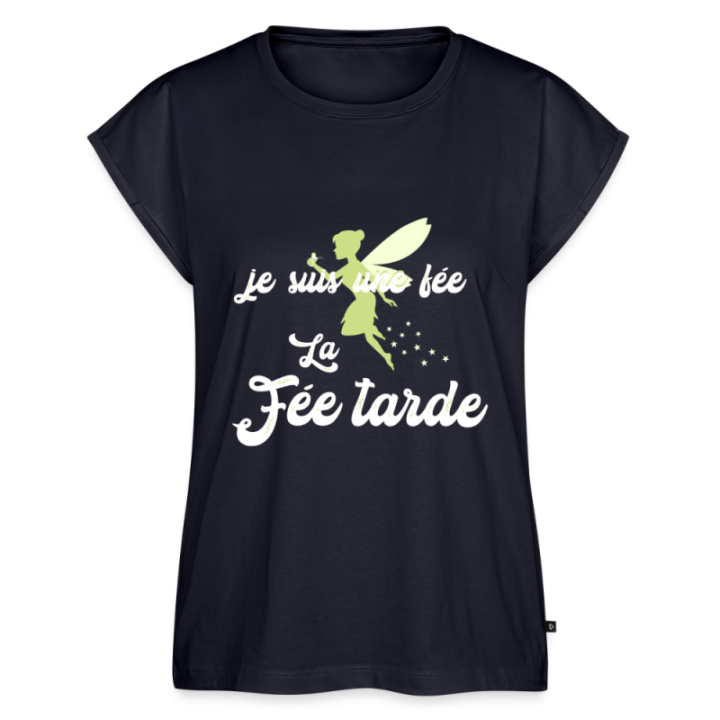 T-shirt à manches retroussées femme - Je suis la fée Tarde - bleu marine - front