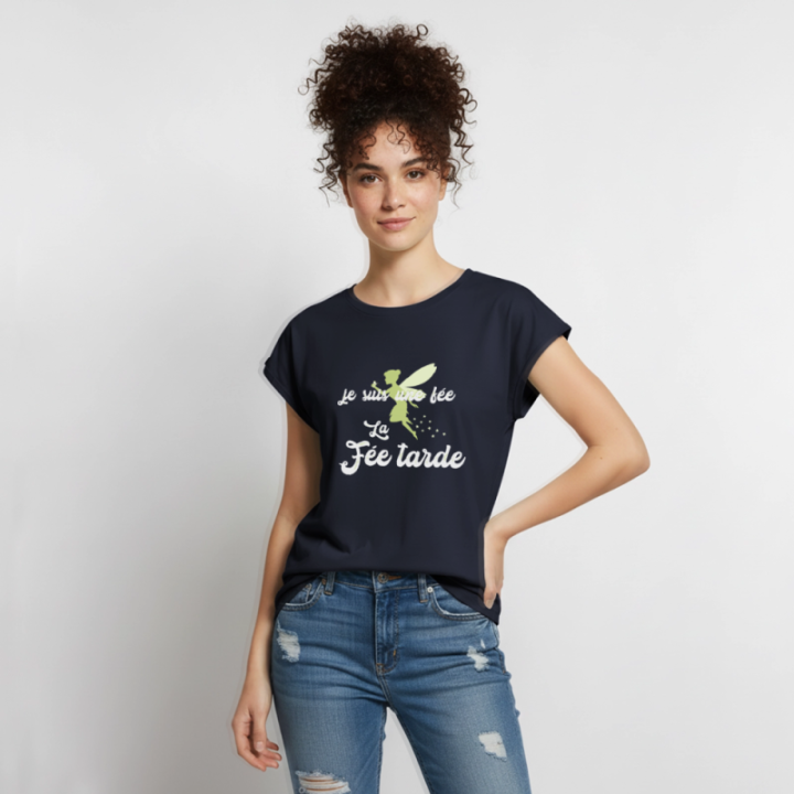T-shirt à manches retroussées femme - Je suis la fée Tarde - bleu marine - front
