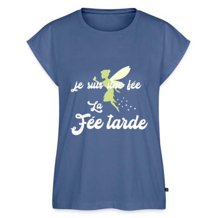 T-shirt à manches retroussées femme - Je suis la fée Tarde - bleu pigeon - front