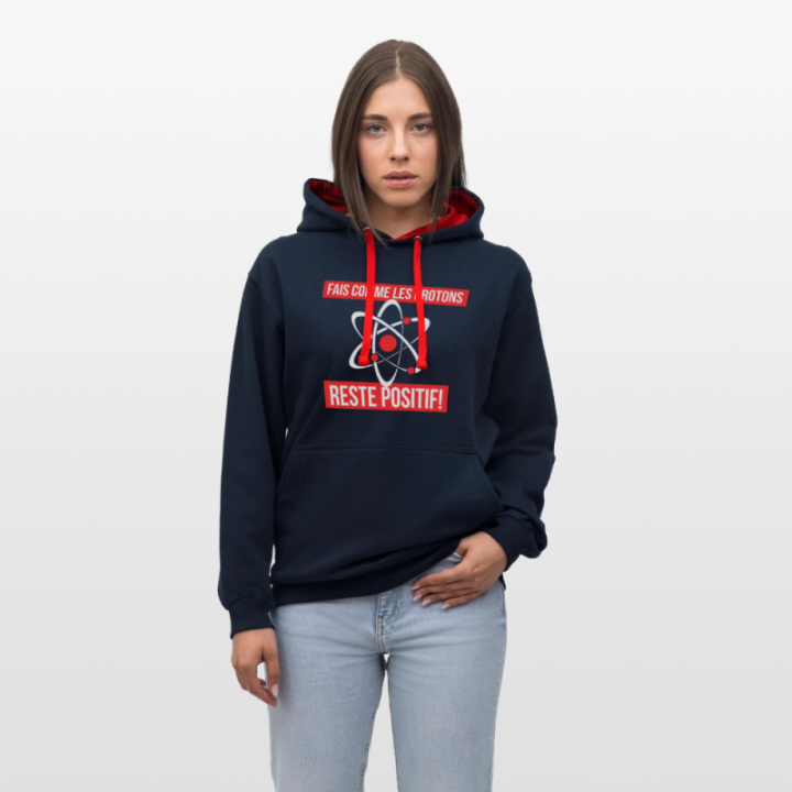 Sweat-shirt à capuche contrasté unisexe - Fais comme les proton: Reste positif - bleu marine/rouge - front