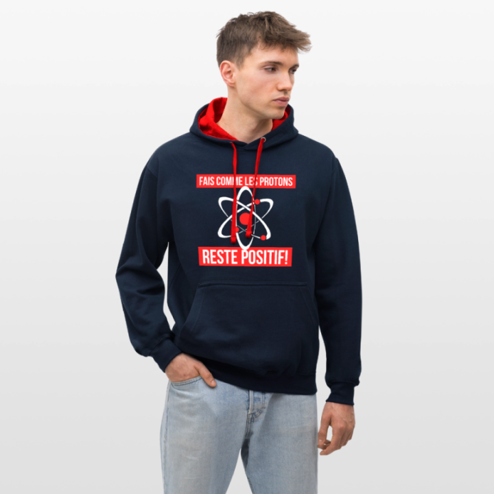 Sweat-shirt à capuche contrasté unisexe - Fais comme les proton: Reste positif - bleu marine/rouge - front
