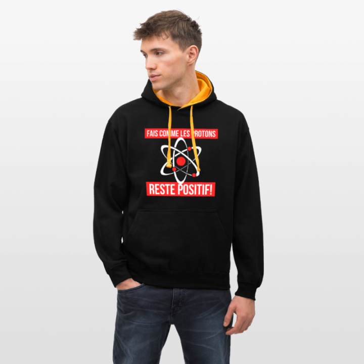 Sweat-shirt à capuche contrasté unisexe - Fais comme les proton: Reste positif - noir/or - front