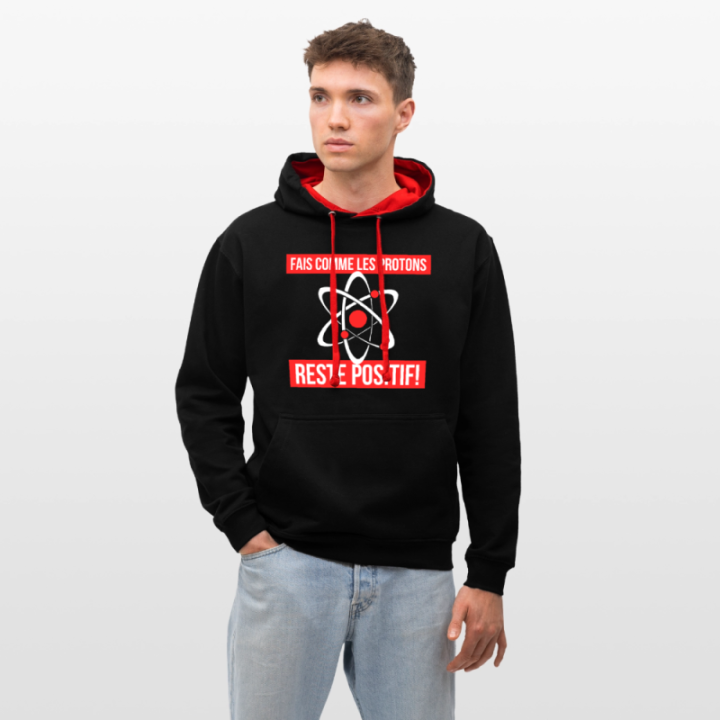 Sweat-shirt à capuche contrasté unisexe - Fais comme les proton: Reste positif - noir/rouge - front