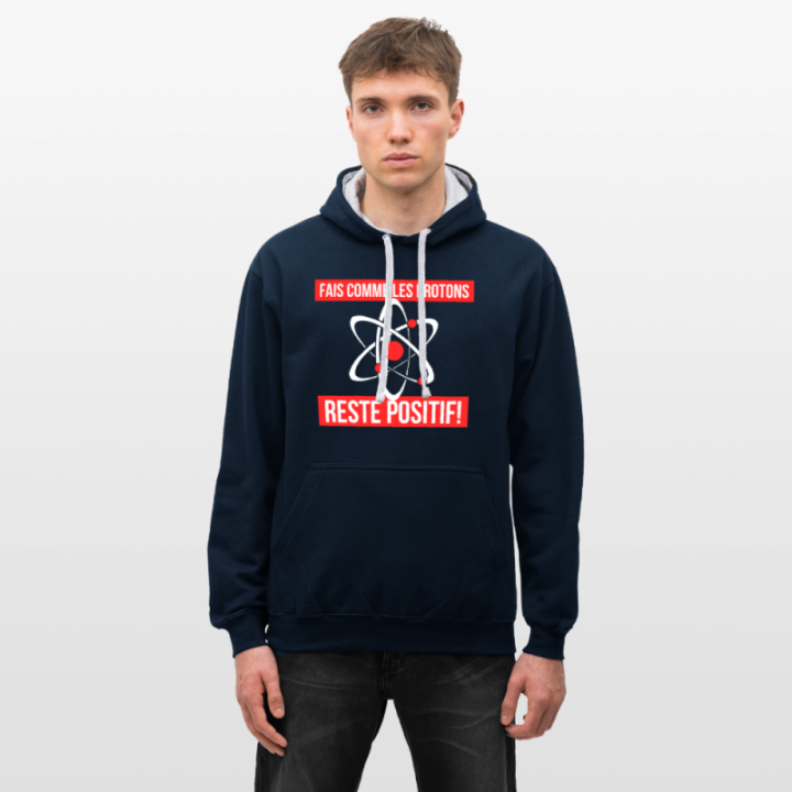 Sweat-shirt à capuche contrasté unisexe - Fais comme les proton: Reste positif - bleu marine/gris chiné - front