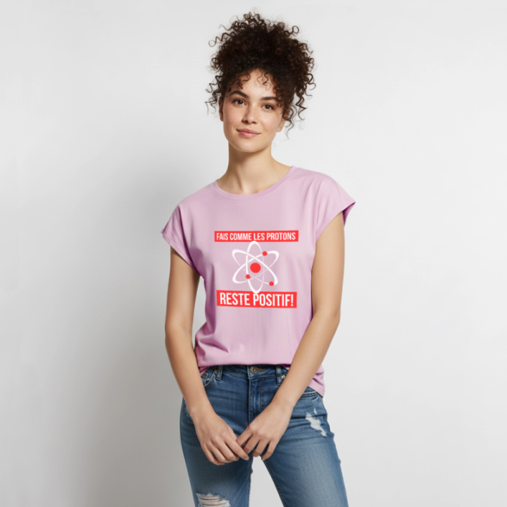 T-shirt à manches retroussées femme - Fais comme les proton: Reste positif - rose poudré - front