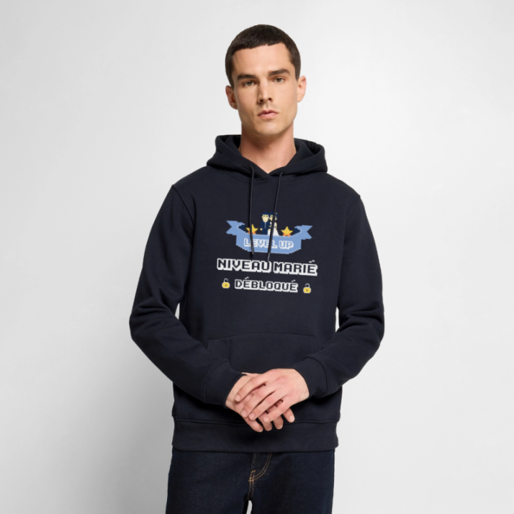 Sweat-shirt à capuche premium homme - Level-up: Niveau marié débloqué - bleu marine - front